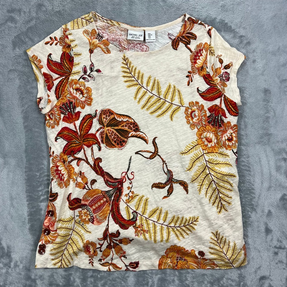 RACHEL ZOE Floral Linen Blend Top Womens Large Cream Orange Boho Side Button L